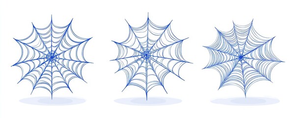 Set of three intricate spider web drawings in blue line art, symmetrical geometric patterns on white background, minimalist design elements for textile patterns, website borders, and scientific illust