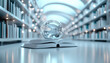 © kora studio - crystal ball rests on open book in futuristic library, surrounded by shelves filled with books. soft blue lighting creates magical , exploration and discovery