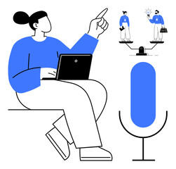 Wall Mural - Woman using laptop, pointing toward balance scale with two figures and microphone. Ideal for communication, podcasts, equality, remote work, brainstorming, collaboration motivational balance. Simple