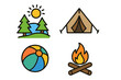 © Sara - Outdoor adventure and nature fun icon set. Vector logos for camping, travel, and summer vacation. Includes sunny landscape with trees, tent, beach ball, and campfire symbols.