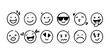 © thrash - Doodle Emoji face icon set. Hand drawn sketch style. Emoji with different emotion mood, happy, sad, smile face. Comic line art vector illustration.