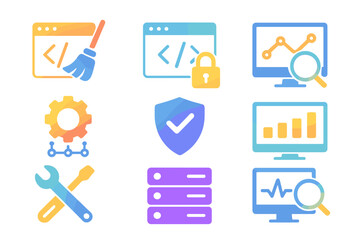 Modern SEO and development icon set. Gradient flat icons for web and mobile apps. Concepts of clean code, data protection, security, server, monitoring, and analytics.