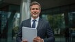 © The 2R Artificiality - Businessman in a formal suit holding documents while standing outdoors with a modern building in the background, smiling confidently at the camera.