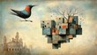 © ProPhotos - Surreal cubist bird with broken wings and distorted beak rests on floating tree made of interlocking blocks.
