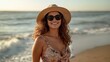 © The 2R Artificiality - Smiling Woman in Floral Dress with Straw Hat and Sunglasses at Beach During Sunset with Gentle Waves and Warm Light