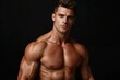 © The 2R Artificiality - Caucasian male fitness model showcasing muscular physique with defined arms and chest against a solid black background emphasizing health and fitness aesthetics