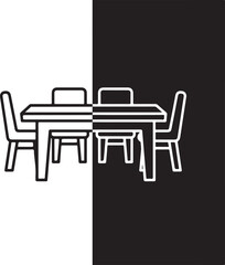 Wall Mural - Vector art of monochrome illustration of a dining table and chairs split in black and white, representing balance and contrast in interior design on