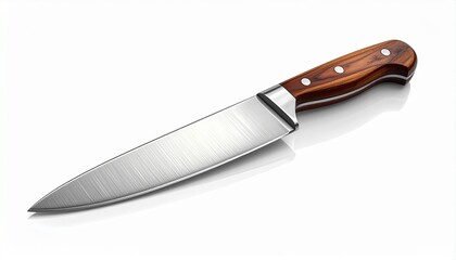 A realistic stainless steel kitchen knife with sharp blade, wooden handle, and polished reflection isolated on white background
