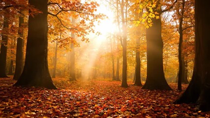 Wall Mural - Golden autumn forest landscape with yellow and orange leaves covering a path through the woods in the morning light