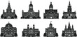 © Musa's Word - Collection of historic architectural building silhouettes featuring domes, spires, and classic facades in elegant black vector design for decoration.