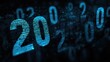 © Fayed - Digitally rendered number '2020' composed of binary code, glowing aqua on black backdrop