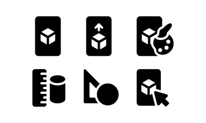 3d design icons set: tools for modeling, editing, and rendering in silhouette style