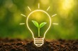 © MediaStockAI - Illustration of a glowing lightbulb encompassing a sprouting seedling in soil, suggesting innovative concepts and the growth of new ideas, showcased against a blurred, vibrant green background.