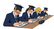 © il - Illustration of diverse students in graduation caps taking a final academic exam.