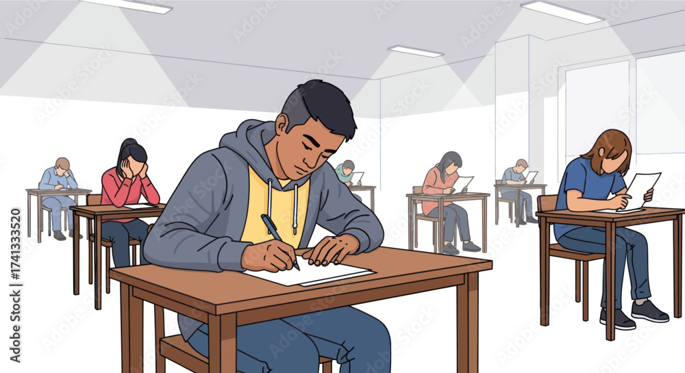 Students Taking Test Computer Graphics Students Taking an Exam in a Classroom Setting Focused on Writing and ...