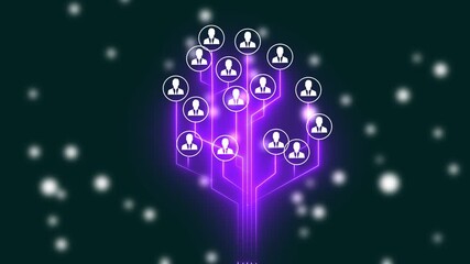 Network Tree of People Icons with Purple Glow and Bokeh on Dark Green Background Keywords: network, tree, people, icons, connection, communication, community, group, business, technology, digital