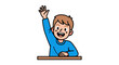 © Rizal - Happy cartoon student boy with brown hair raising his hand at a desk to answer a question.
