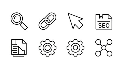 Vector art of collection of seo and web development icons, representing search engine optimization, link building, and website analytics