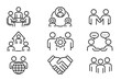 © Fabian - Team meeting icons set group teamwork project team collaboration business discussion partnership handshake global communication cooperation brainstorming flat line vector illustration