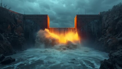 Dramatic waterfall at a dam illuminated by ethereal light during night time
