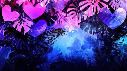 Wall Mural -   A group of heart-shaped balloons floats above a forest of palms with purple, blue, and pink leaves