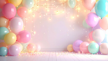 Soft colored birthday background with balloon decorations, decorative lights, and pastel colored confetti