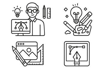 Graphic design line icon set. Creative process, digital artist, web designer, UI UX developer tools. Vector illustration of pen tool, lightbulb idea, art palette, pencil.