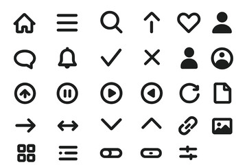 Web icons set for UI UX design. Universal linear icon pack for mobile app and website. Basic user interface elements, navigation glyphs. Vector pictograms for developer.