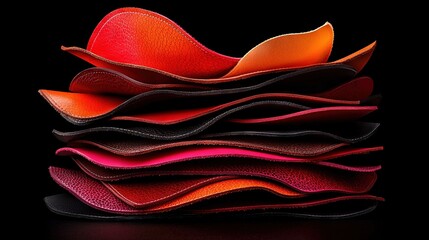 Wall Mural -   A red, orange, and pink stack of wavy shapes on a black background with a black border
