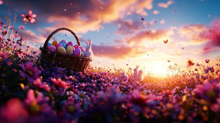 Wall Mural -   A basket brimming with eggs perched atop a meadow of blossoms beneath a sky dotted with myriad clouds