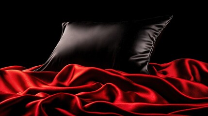 Wall Mural -   A black pillow rests on top of a red comforter-covered bed, alongside another black pillow