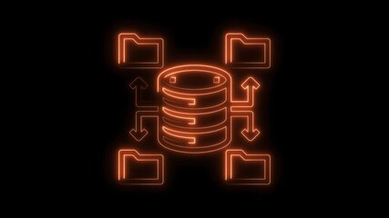 Wall Mural - Neon database server connecting to folders illustrating data transfer and organization on black background