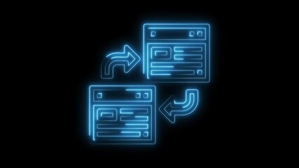 Wall Mural - Data transfer between two computer screens illuminated with blue neon lights on black