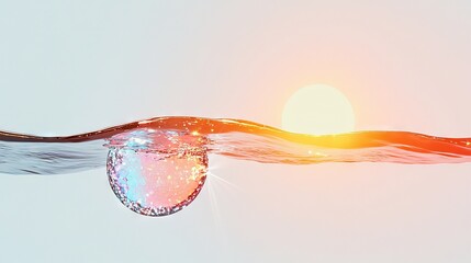 Wall Mural -   A detailed photo of a water droplet against a golden sun and an emerging wave from behind it