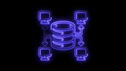 Wall Mural - Database server with four computers communicating with neon glow outline isolated on black