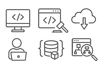 Programming and coding web icons in line style, software development symbols, legal code, cloud computing, programmer, data management, technology vector illustration transparent