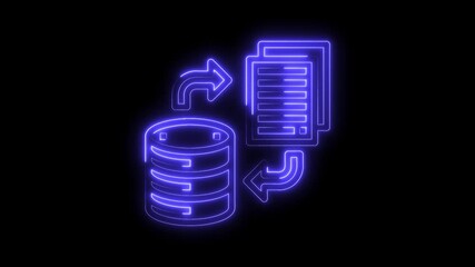 Wall Mural - Neon data transfer between database and document files on black background animation