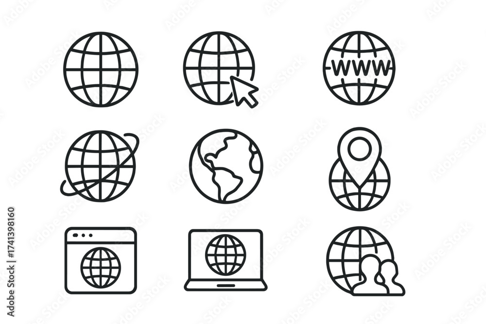 Set of globe outline icons for web and app development, thin line ...