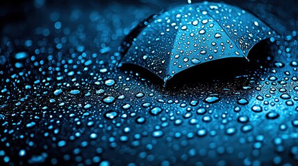 Wall Mural -   A detailed photo of a blue umbrella with raindrops on it against a backdrop of black and blue