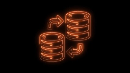 Wall Mural - Database synchronization and replication process with glowing orange neon line isolated on black background