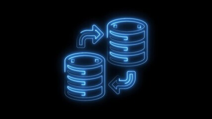 Wall Mural - Neon database icon transferring data on black background for cyber security concepts