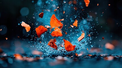 Wall Mural -   A cluster of orange blossoms adrift on top of a watery pool with droplets cascading onto them