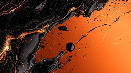 Wall Mural -  A black and orange background with bubbles and droplets of water on the left side On the right, another black and orange background