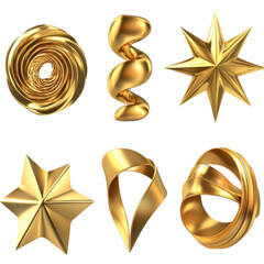 Collection of six abstract golden metallic 3d rendered decorative ornaments and shapes isolated on transparent background