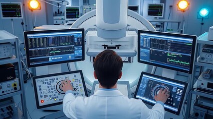Doctor Controls Advanced Medical Imaging Equipment in Modern Lab