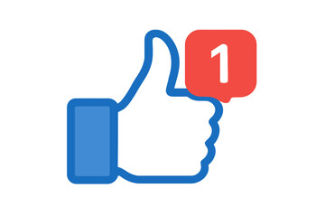 Thumbs up like social network icon with notification alert, new appreciation message symbol, vector social media illustration, transparent background