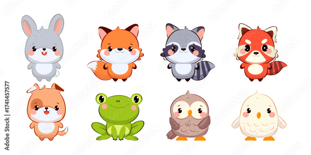 A collection of cute, cartoon-style animals including a gray rabbit, orange fox, raccoon, red panda, brown dog, green frog, brown owl, and white chick.