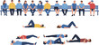 © Heyy - Group of diverse people sitting on bench, relaxed individuals lying down, casual clothing, social gathering, human posture, lifestyle, community, relaxation, diversity