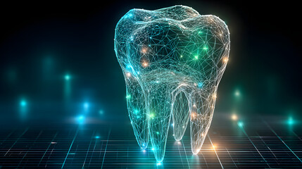 Wall Mural - 3D wireframe of a tooth with blue green and white gradient on dark background high-tech futuristic photorealistic dynamic angle showing depth and movement
