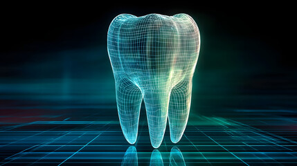 Wall Mural - 3D wireframe of a tooth with blue green and white gradient on dark background high-tech futuristic photorealistic dynamic angle showing depth and movement
